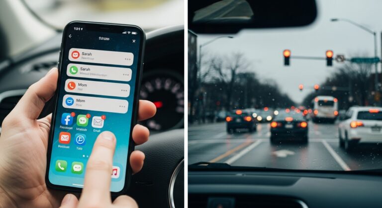 Distracted driver using smartphone while approaching traffic intersection showing accident risk