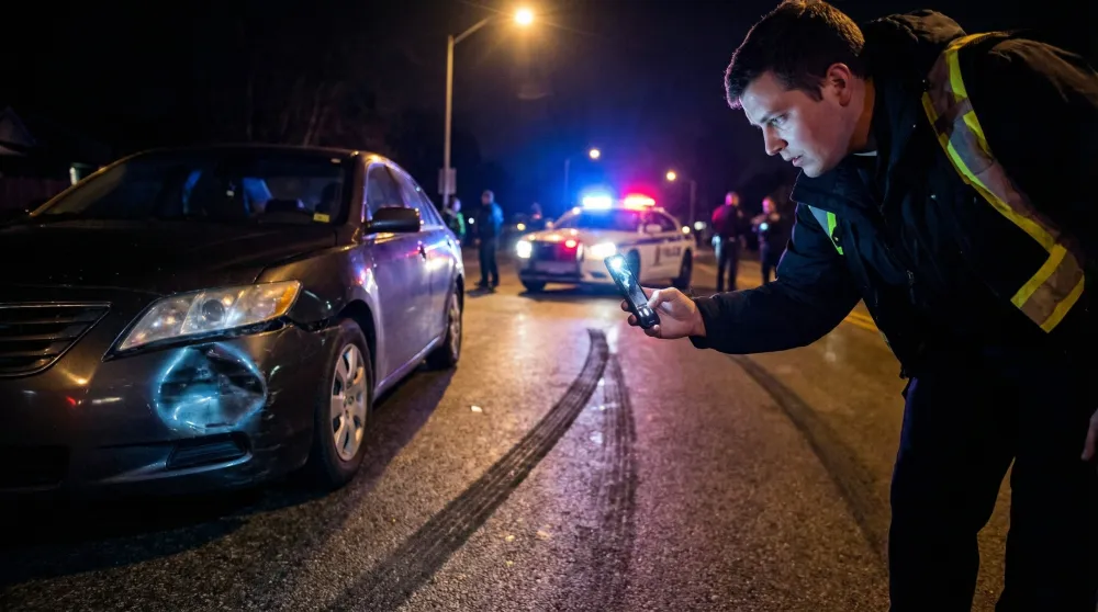 Car accident victim photographing vehicle damage and skid marks as evidence after a hit and run accident