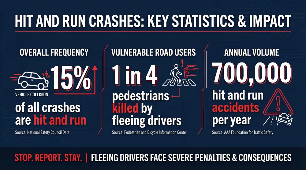 Hit and run accident statistics infographic showing 15 percent of crashes involve fleeing drivers