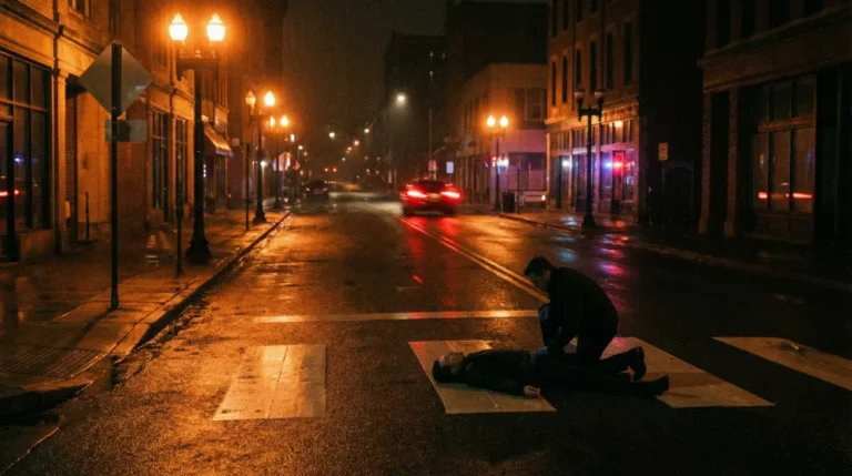 Pedestrian lying injured in a crosswalk at night after a hit and run accident