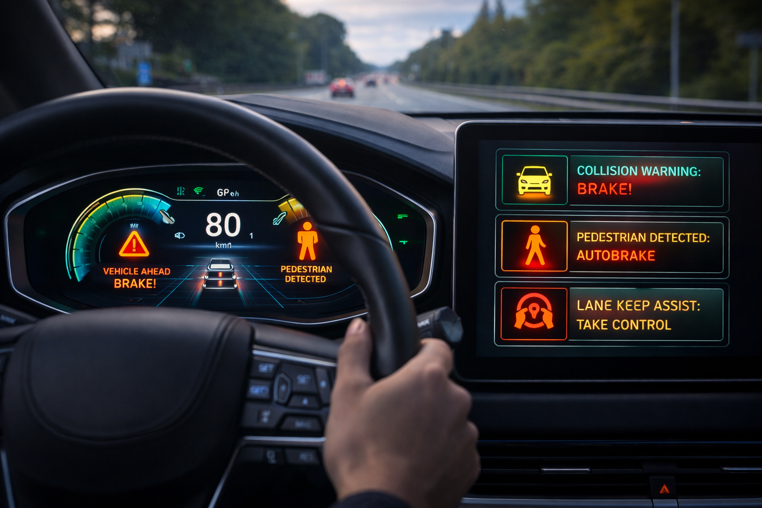 Dashboard showing driver assistance tech alerts