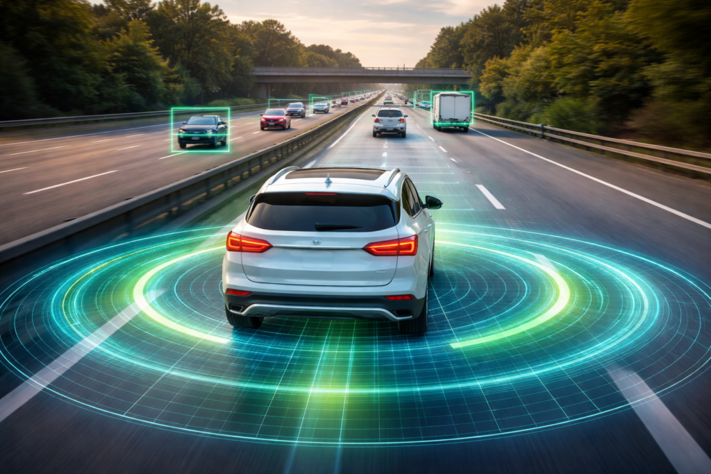 Semi‑autonomous vehicle driving on highway with sensor overlay