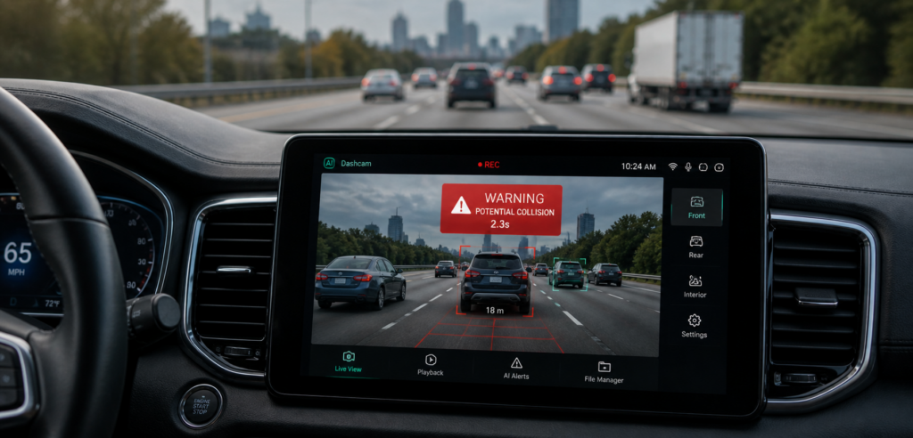 Car dashboard screen showing AI dashcam alert warning of potential collision ahead