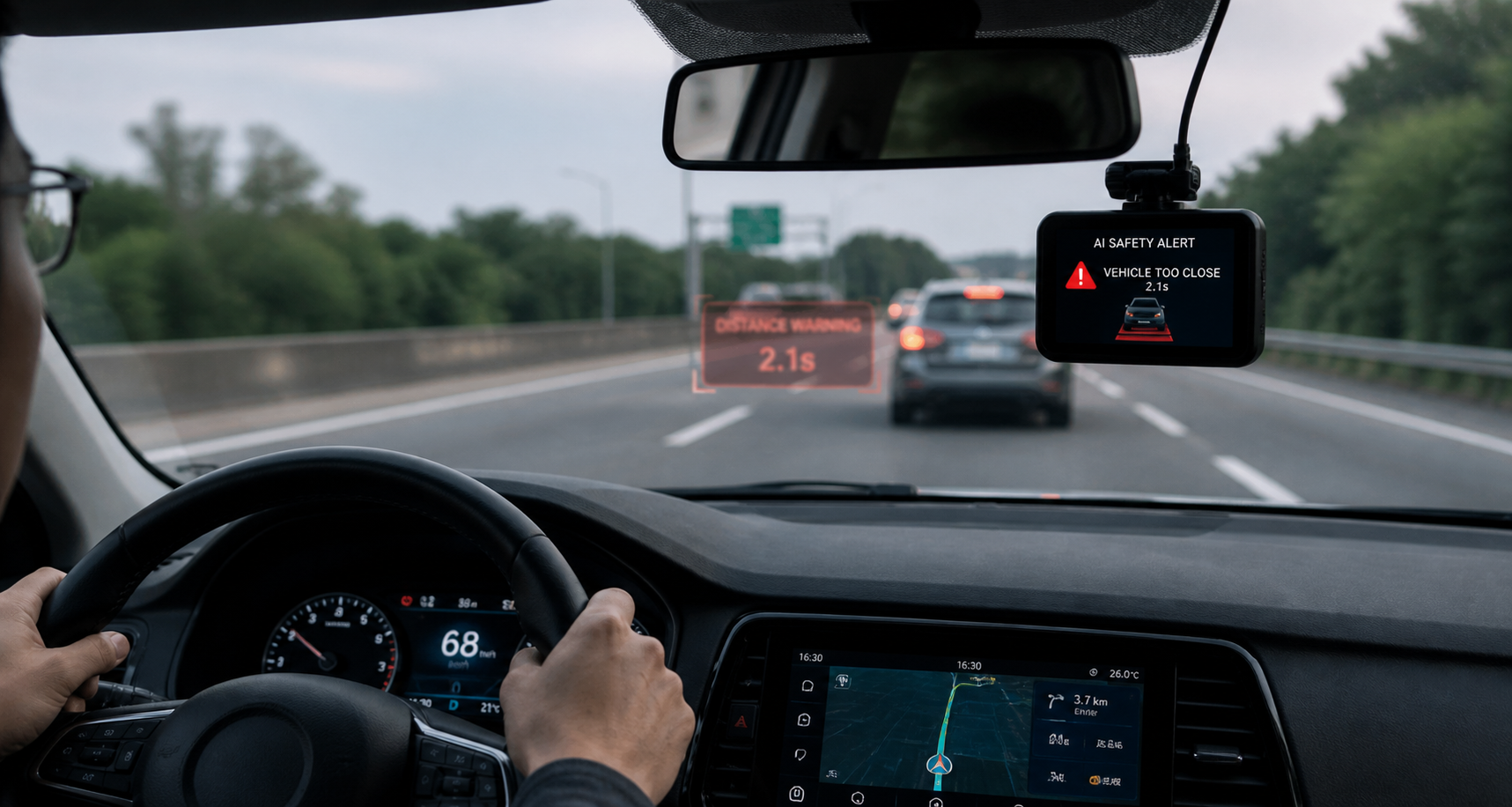 Driver receiving real-time safety alerts from AI dashcam while driving