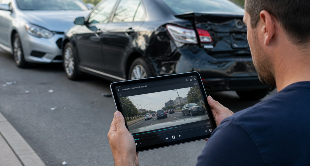 Driver reviewing dashcam footage after car accident on tablet device