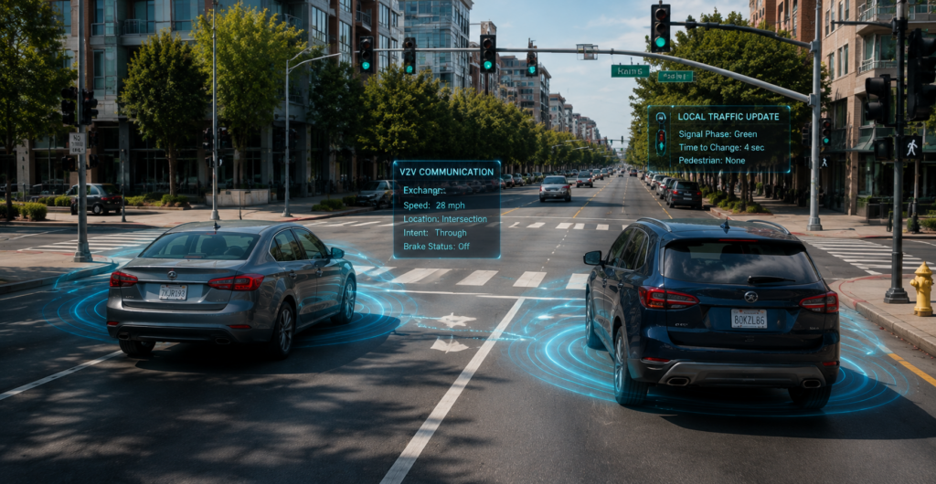 Connected vehicles sharing safety data at an intersection