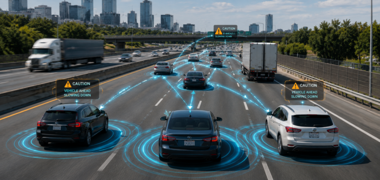 Vehicle-to-vehicle communication technology connecting cars on a highway