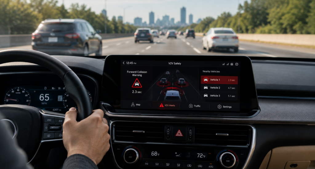 Vehicle-to-vehicle safety alert displayed on a modern dashboard