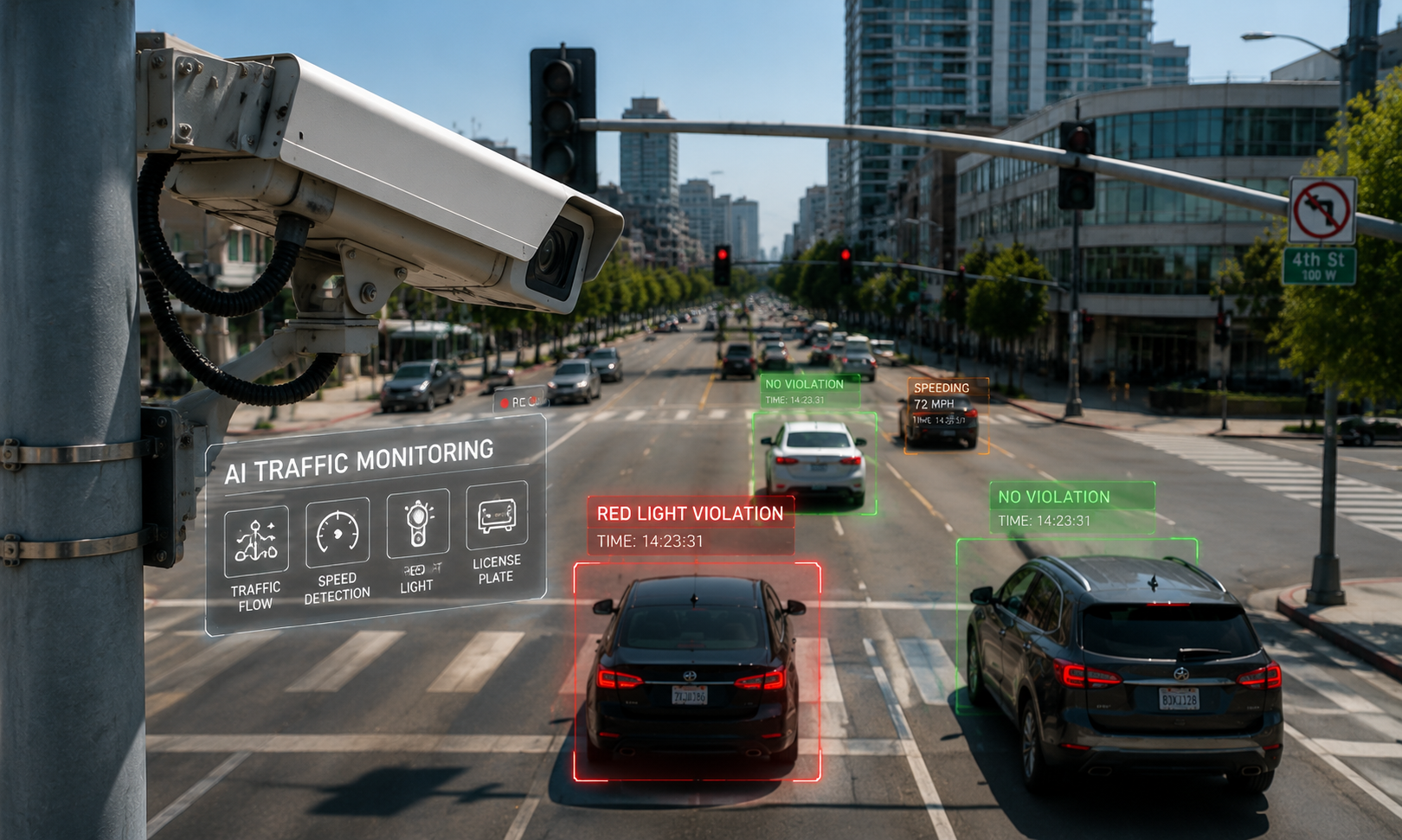 AI traffic camera mounted at intersection capturing vehicle violations with digital overlay analytics