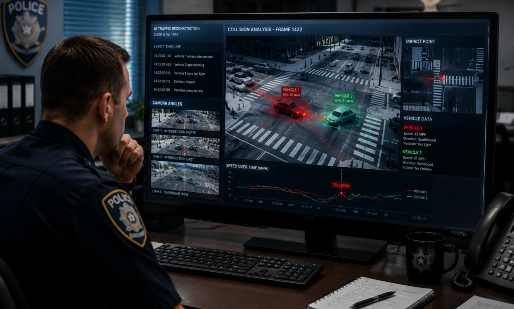 Accident reconstruction using AI traffic footage displayed on digital screen in police office