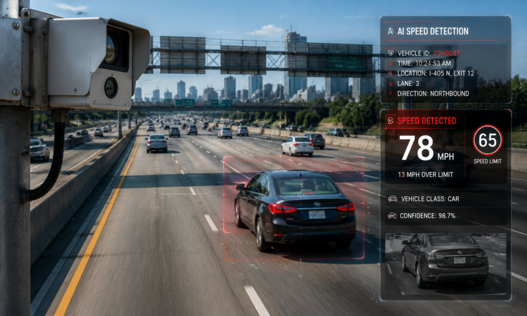 Speeding vehicle detected by AI road camera system with data visualization overlay