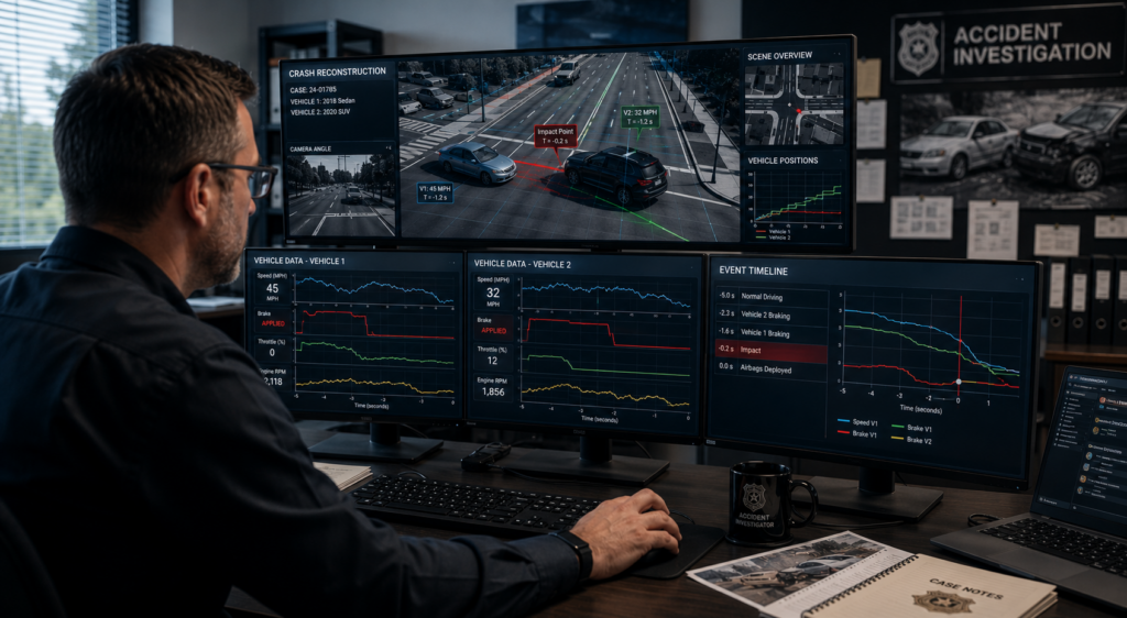 Accident investigator reviewing vehicle crash data from event recorder