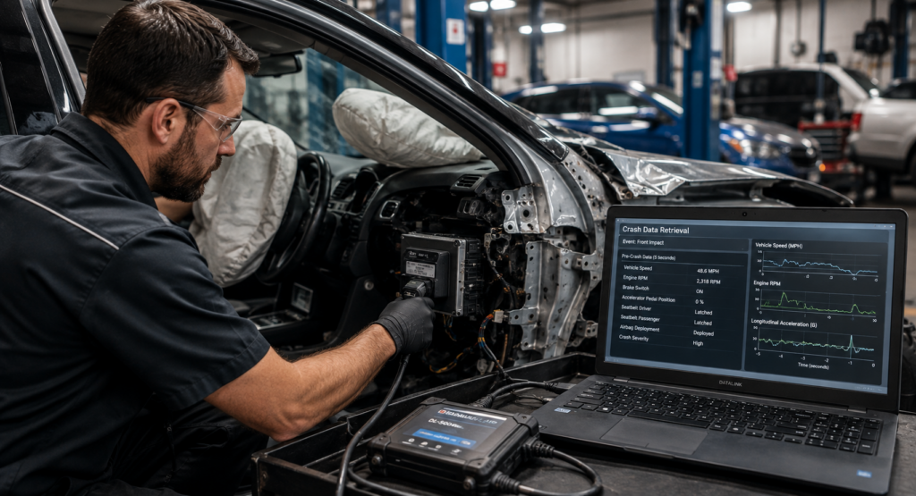 Technician retrieving event data recorder information from damaged vehicle