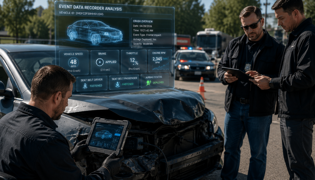 Vehicle event data recorder being analyzed after a car accident investigation