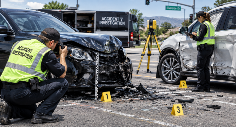 Accident investigators inspecting damaged vehicles during reconstruction