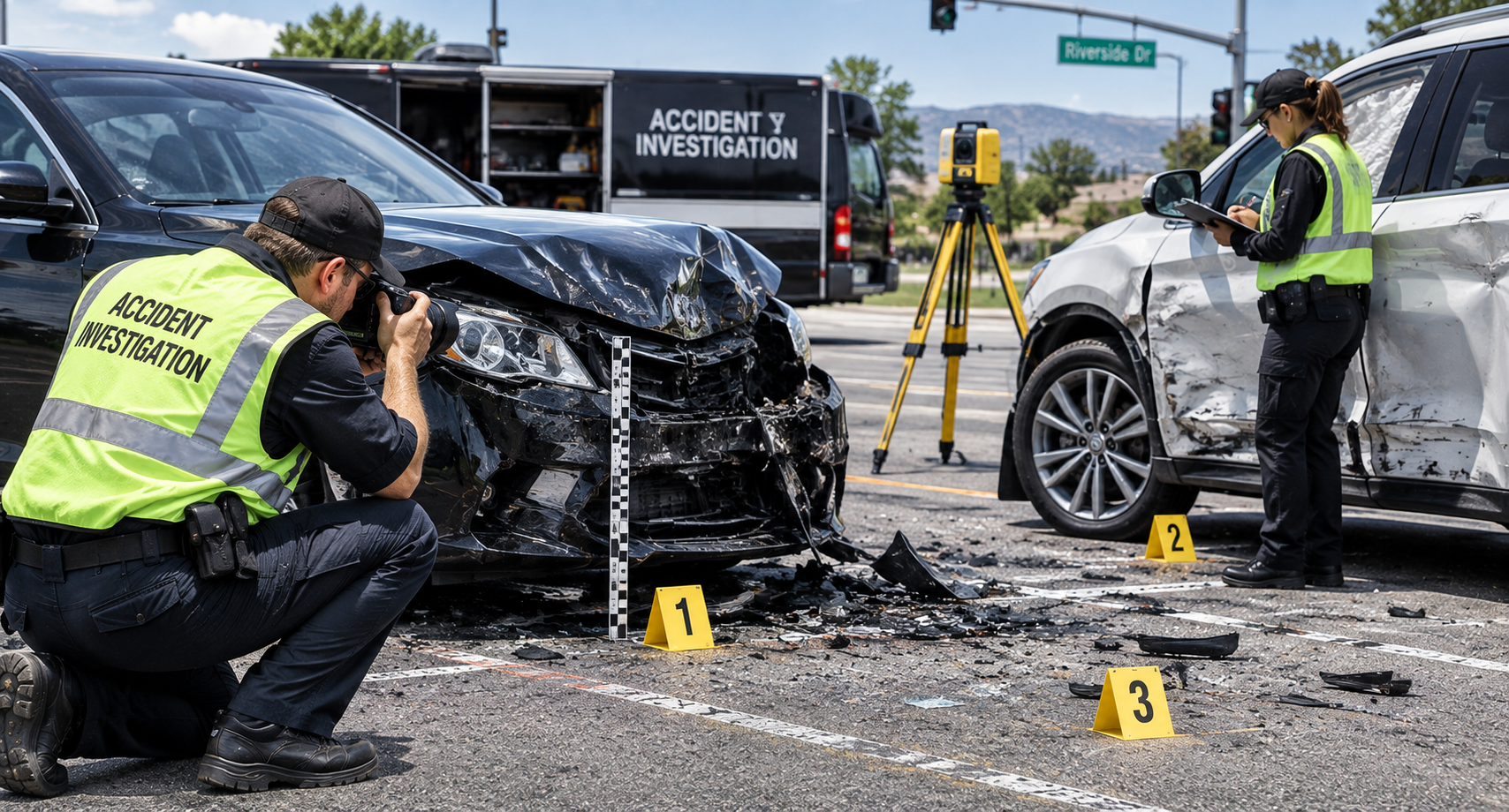 Accident investigators inspecting damaged vehicles during reconstruction