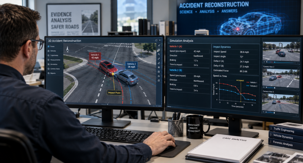 Digital car accident reconstruction simulation showing crash analysis data