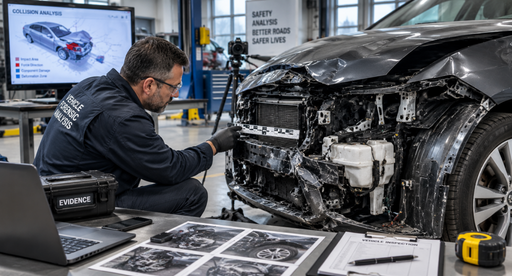 Vehicle damage inspection during car accident reconstruction analysis