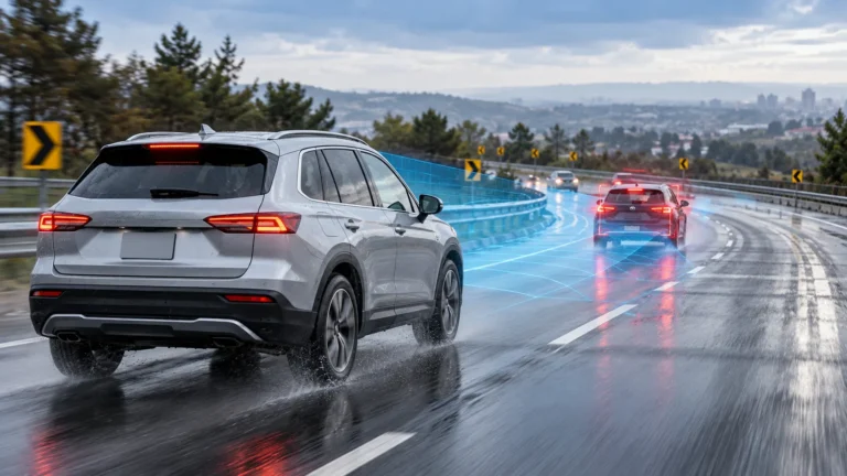 Automatic emergency braking detecting traffic on a wet curved highway