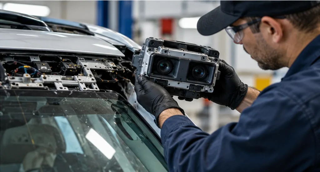 Automotive technician inspecting vehicle cameras used by driver assistance systems
