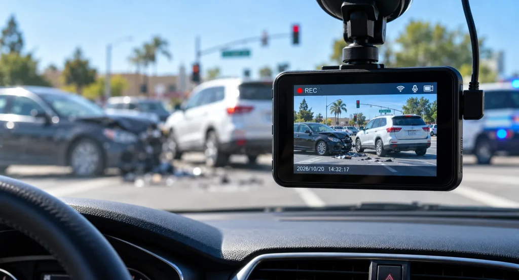 Dashcam capturing a vehicle collision at an intersection for accident investigation